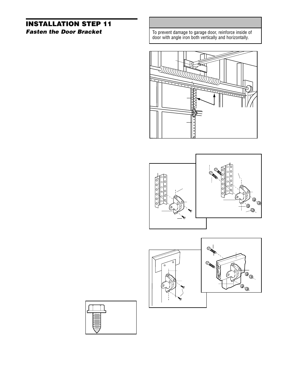 Fasten the door bracket, Warning caution warning warning, Installation step 11 | Chamberlain 2580 1/2 HP User Manual | Page 20 / 36