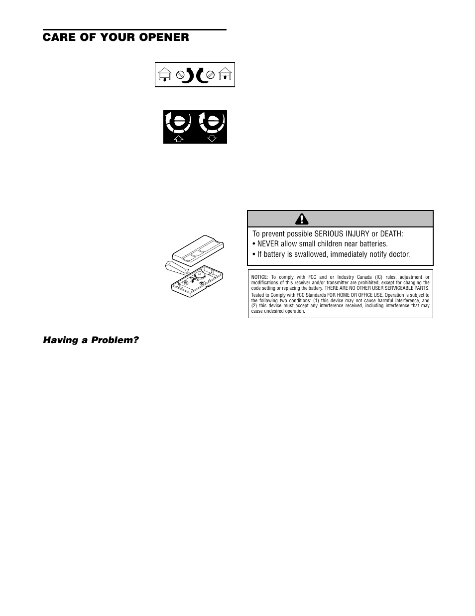 Care of your opener, Having a problem, Warning caution warning warning | Chamberlain 2580 1/2 HP User Manual | Page 29 / 36