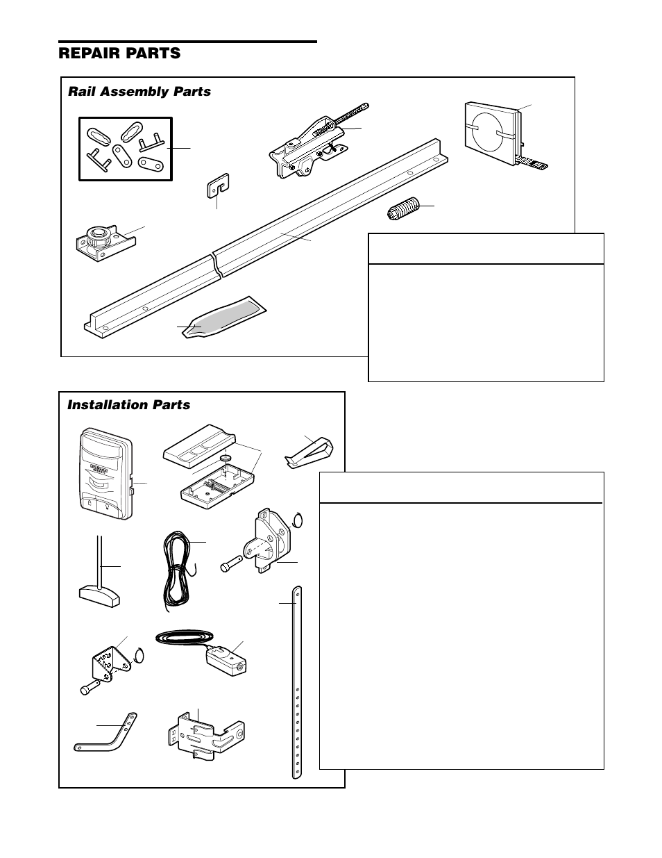 Repair parts, Rail assembly parts, Installation parts | Chamberlain 2580 1/2 HP User Manual | Page 33 / 36