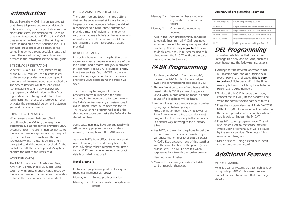 Pabx programming, Del programming, Additional features | Introduction | ATL Telecom Berkshire M-CAT User Manual | Page 2 / 2
