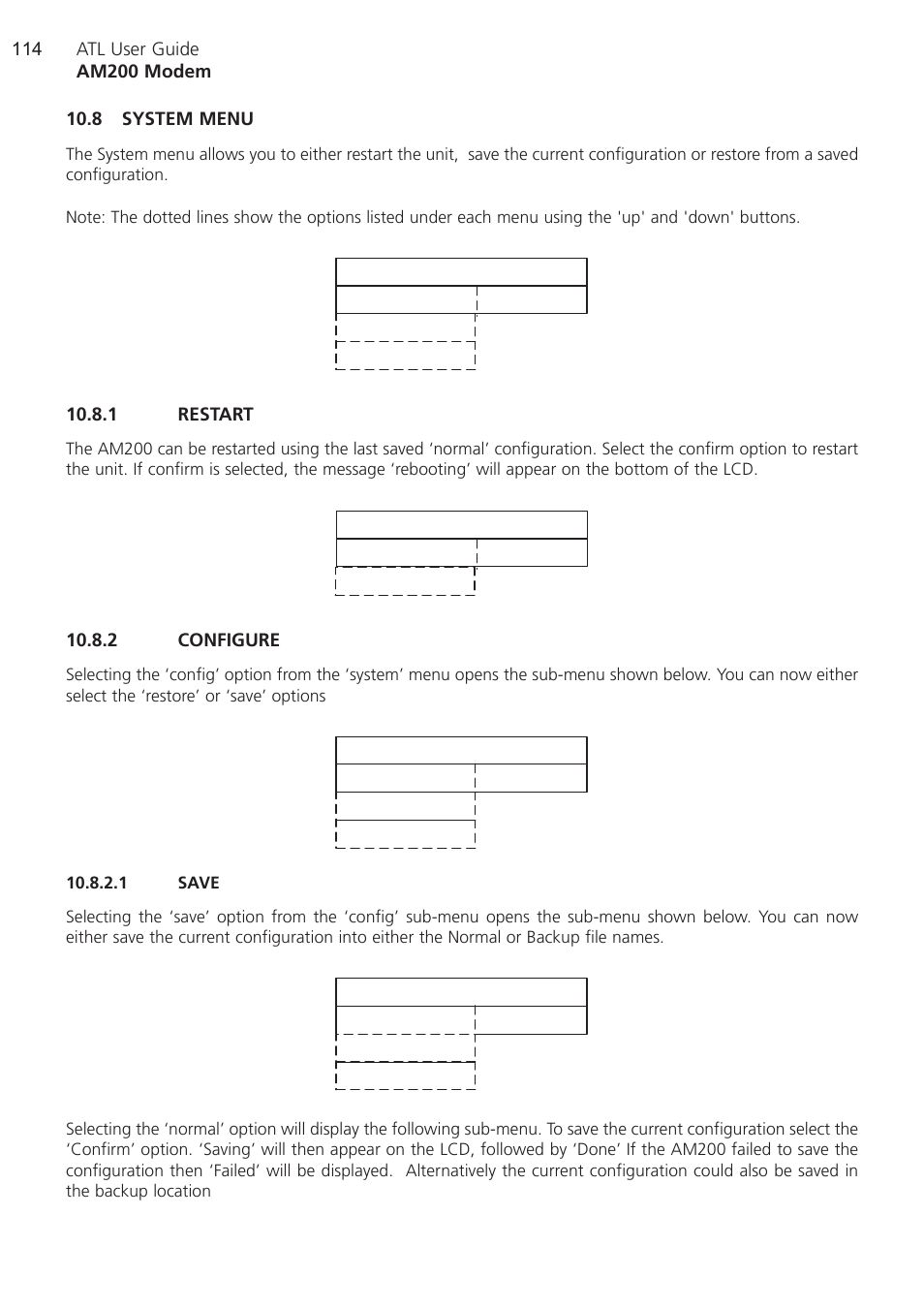 8 system menu, 1 restart, 2 configure | 1 save | ATL Telecom AM200 User Manual | Page 114 / 145