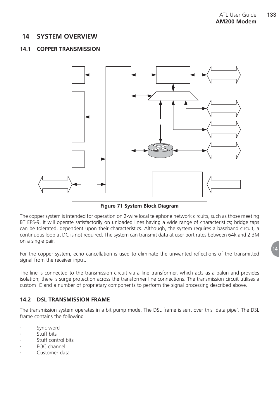 14 system overview, 1 copper transmission, 2 dsl transmission frame | System overview | ATL Telecom AM200 User Manual | Page 133 / 145