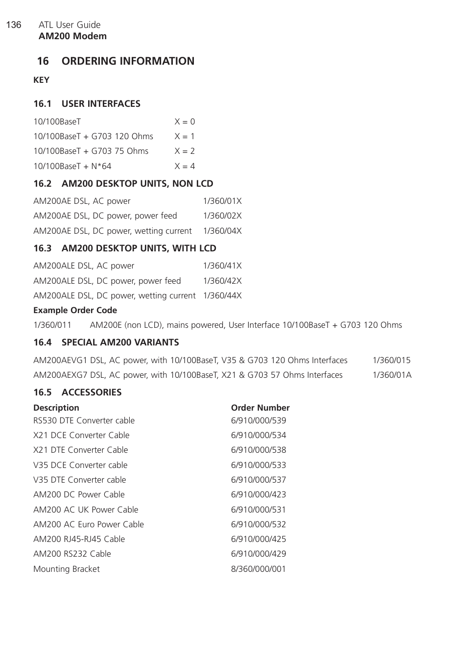 16 ordering information, 1 user interfaces, 2 am200 desktop units, no | 3 am200 desktop units, wi, 4 special am200 variants, 5 accessories, Ordering information, 2 am200 desktop units, non lcd, 3 am200 desktop units, with lcd | ATL Telecom AM200 User Manual | Page 136 / 145