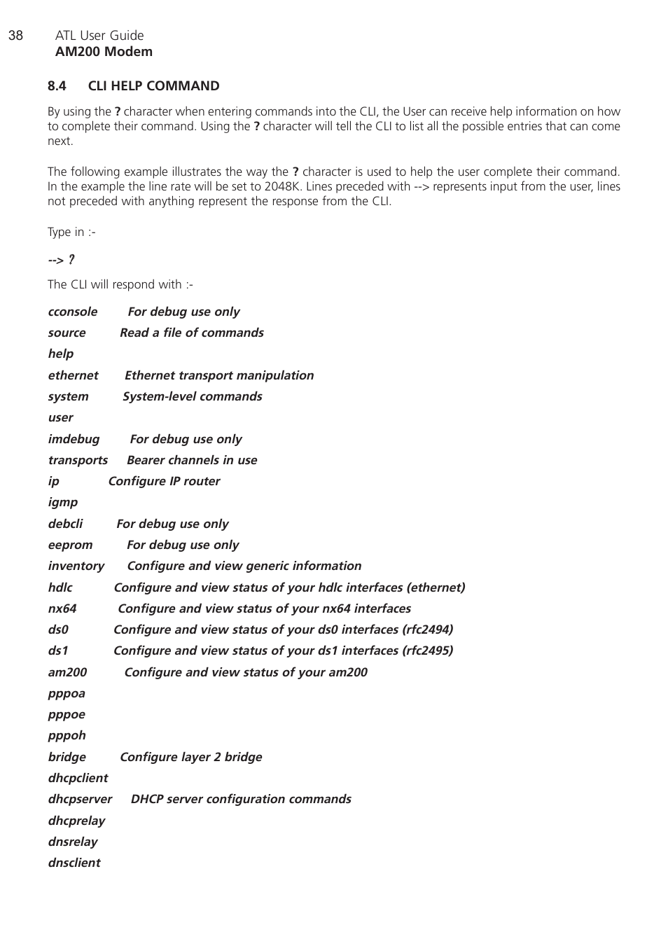 4 cli help command, Cli help command | ATL Telecom AM200 User Manual | Page 38 / 145