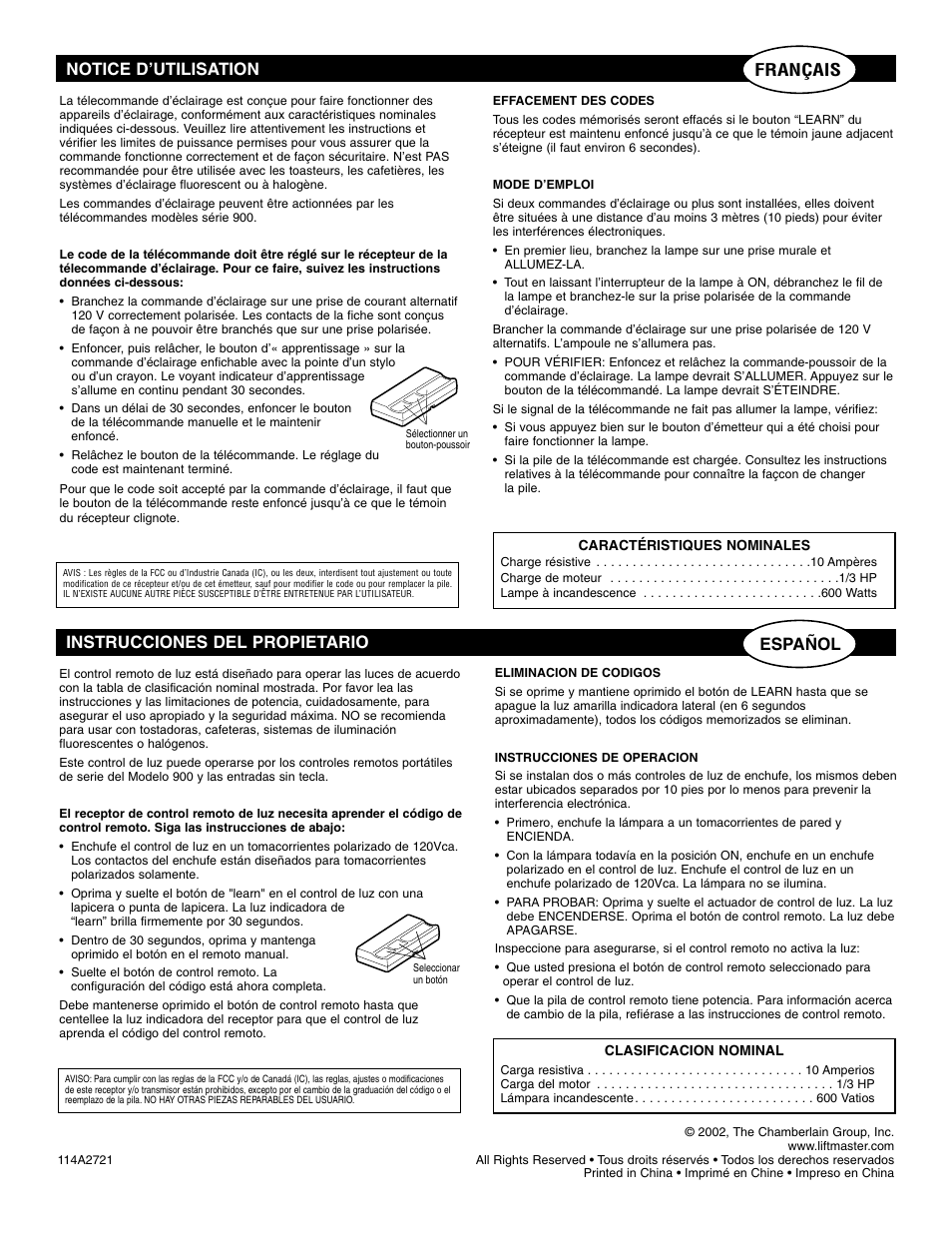 French, Spanish | Chamberlain 995LM User Manual | Page 2 / 2