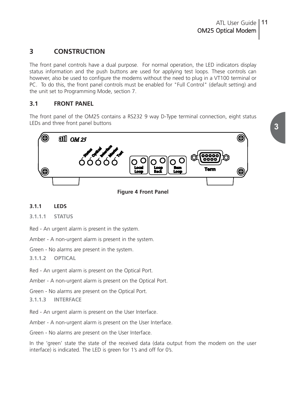 3 construction, 1 front panel, 1 leds | 1 status, 2 optical, 3 interface, Construction, Front panel, Leds, Status | ATL Telecom OM25 User Manual | Page 11 / 63