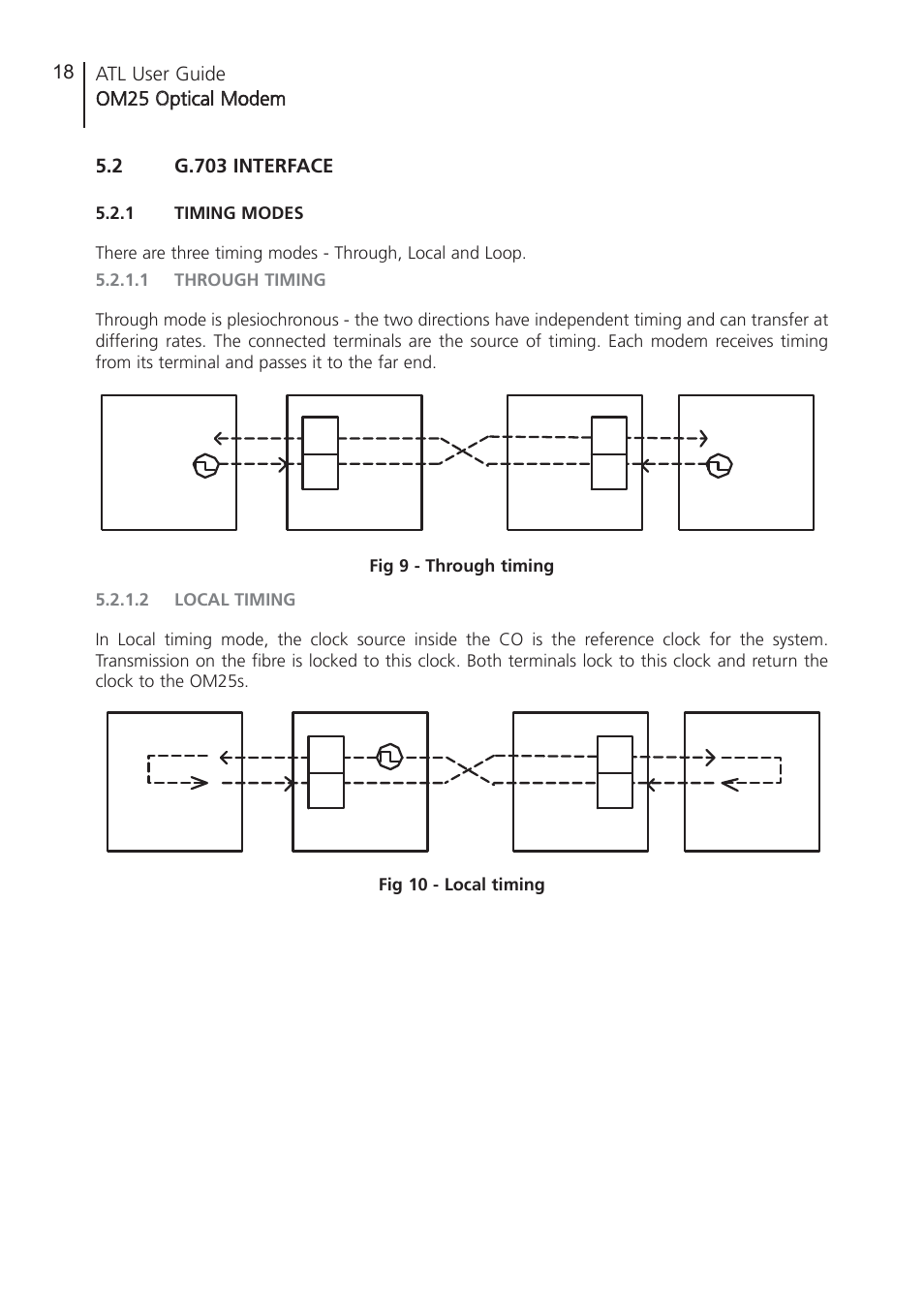 2 g.703 interface, 1 timing modes, 1 through timing | 2 local timing, G.703 interface, Timing modes, Through timing, Local timing | ATL Telecom OM25 User Manual | Page 18 / 63