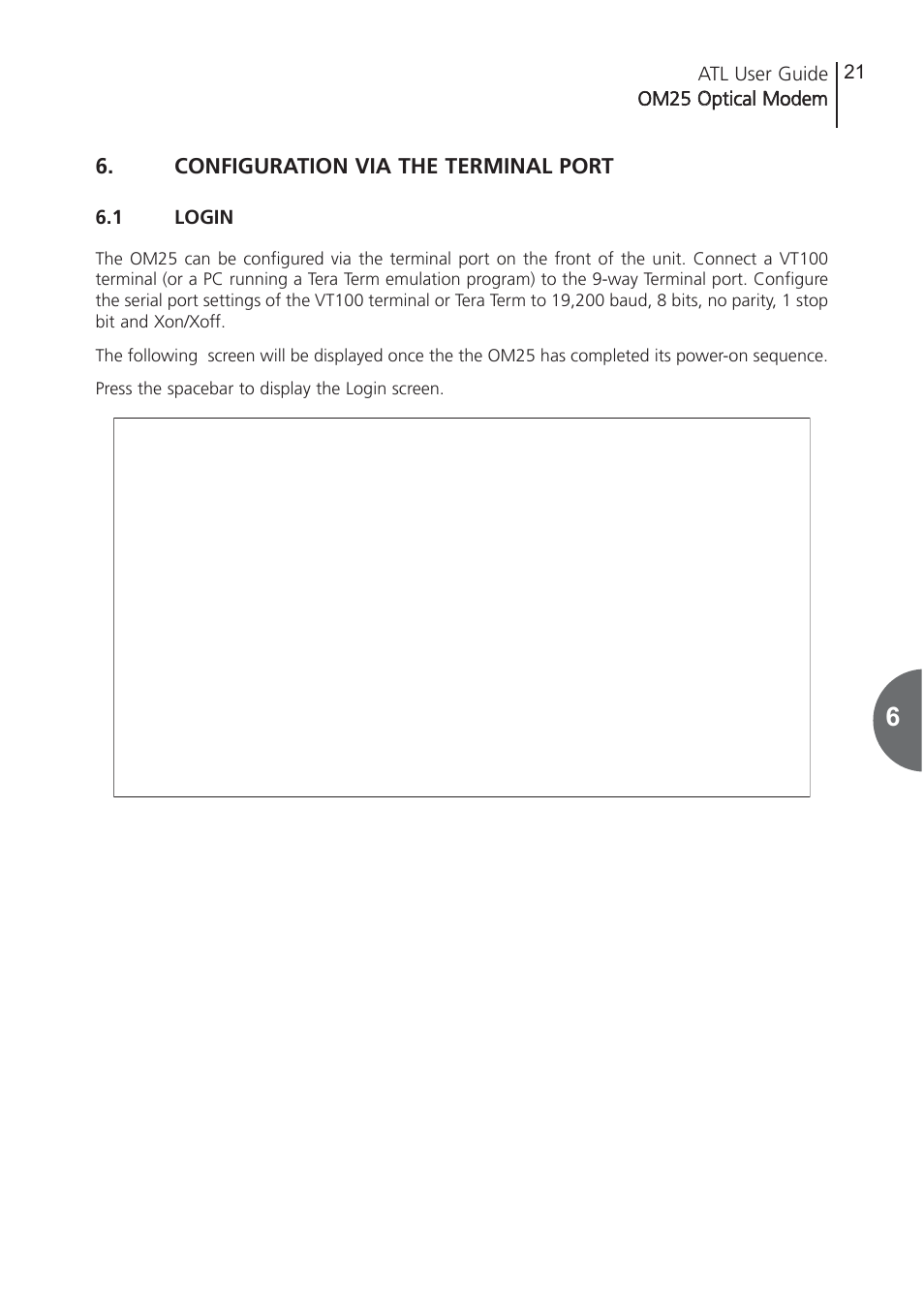 Configuration via the ter, 1 login, Configuration via the terminal port | ATL Telecom OM25 User Manual | Page 21 / 63