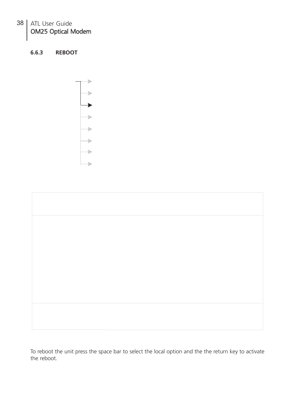 3 reboot, Reboot, Atl user guide om25 o optical m modem 38 | ATL Telecom OM25 User Manual | Page 38 / 63