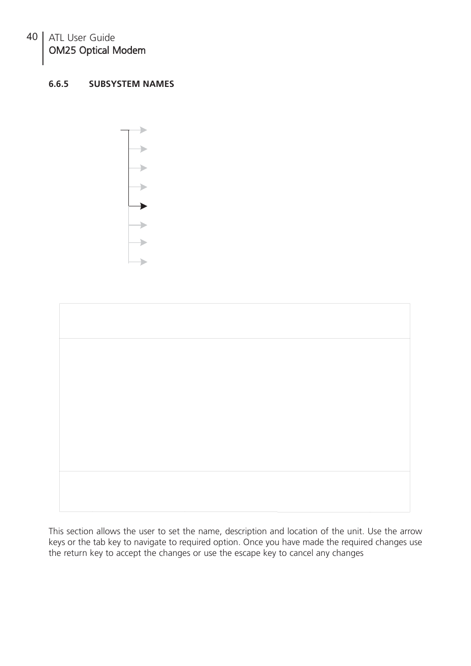 5 subsystem names, Subsystem names, Atl user guide om25 o optical m modem 40 | ATL Telecom OM25 User Manual | Page 40 / 63
