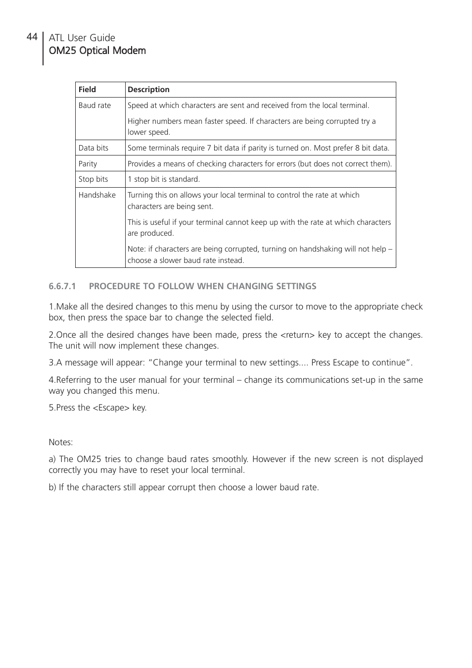1 procedure to follow, Procedure to follow when changing settings | ATL Telecom OM25 User Manual | Page 44 / 63