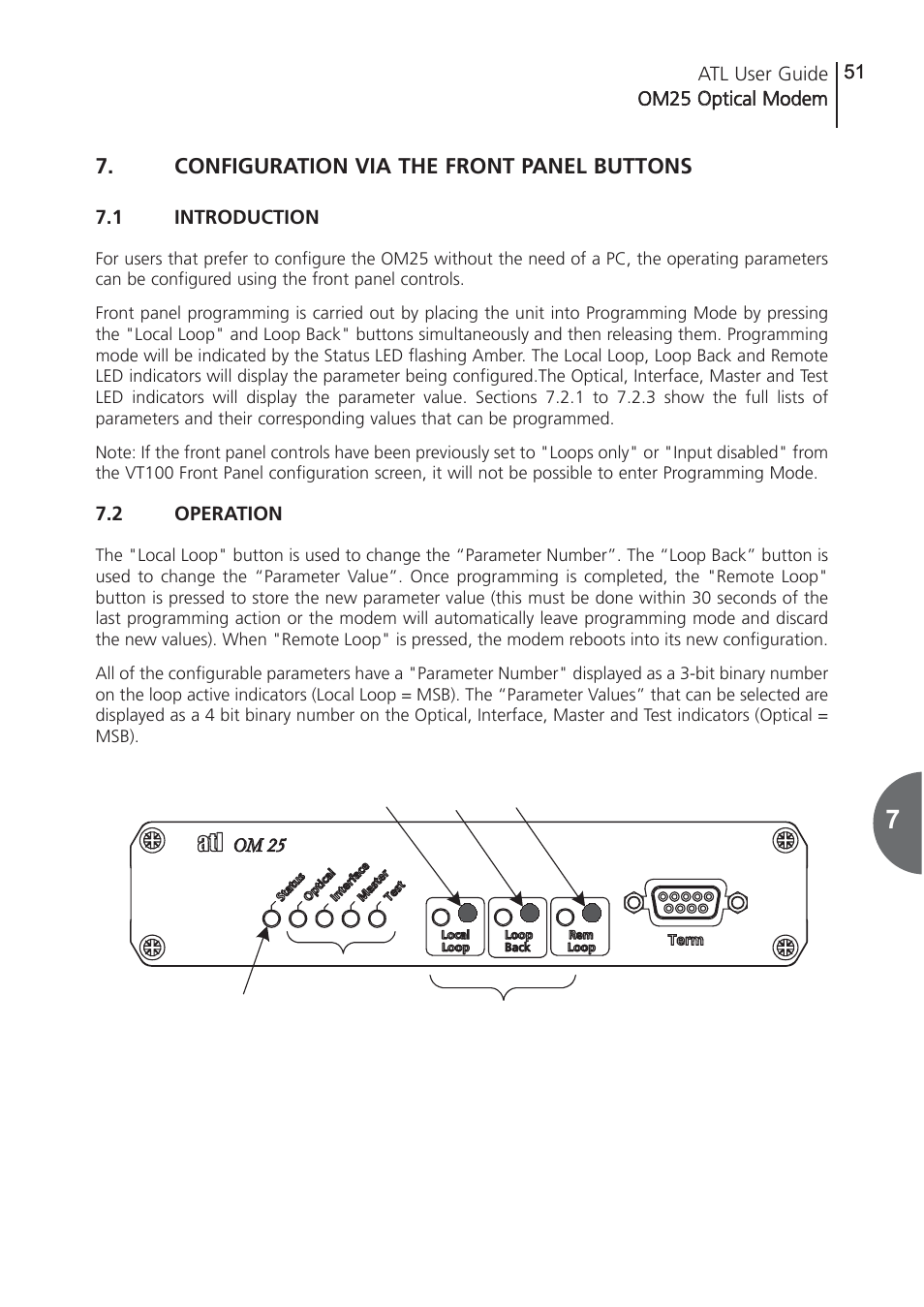 Configuration via the fro, 1 introduction, 2 operation | Configuration via the front panel buttons, Introduction, Operation | ATL Telecom OM25 User Manual | Page 51 / 63
