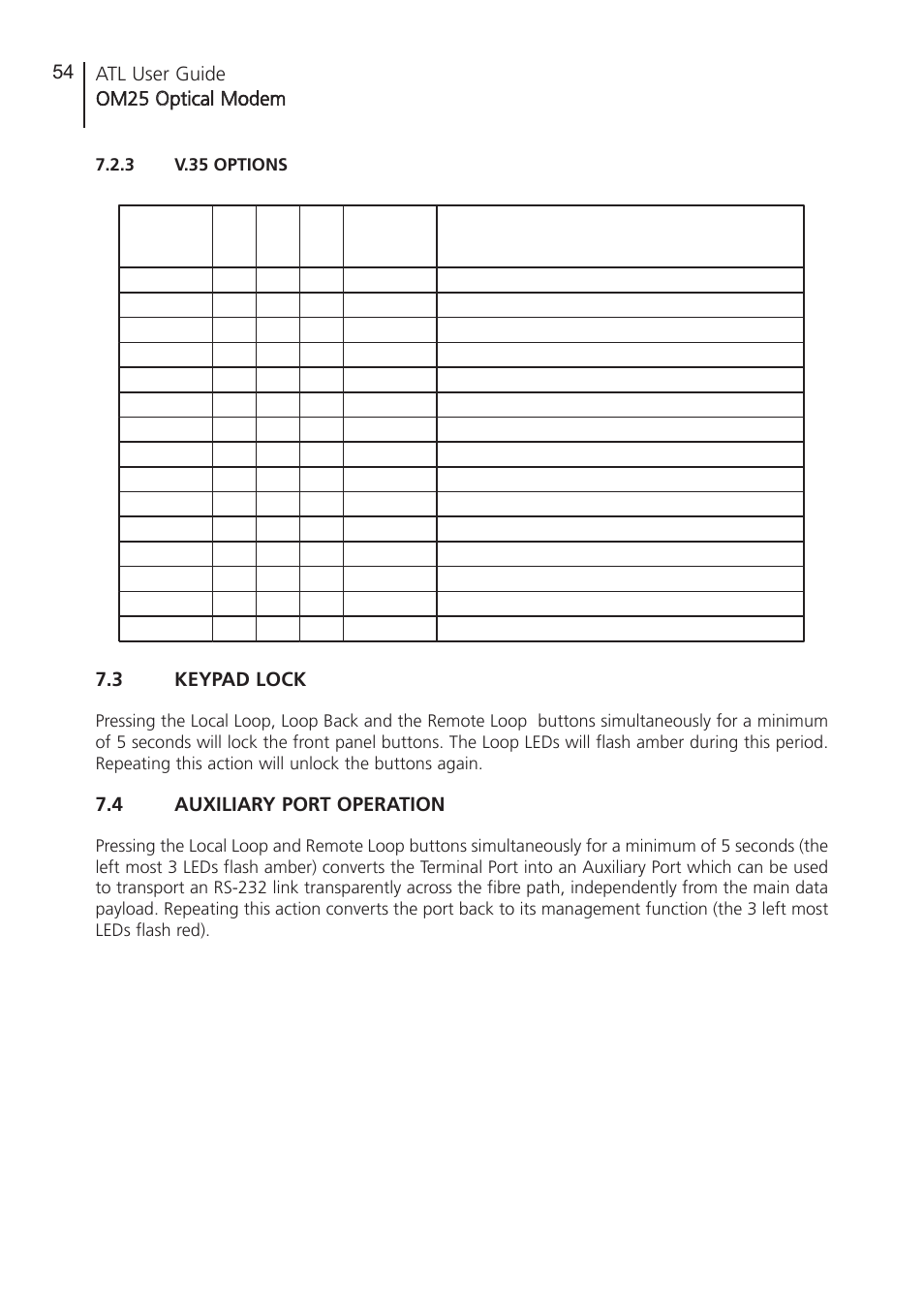 3 v.35 options, 3 keypad lock, 4 auxiliary port operation | V.35 options, Keypad lock, Auxiliary port operation, Atl user guide om25 o optical m modem 54 | ATL Telecom OM25 User Manual | Page 54 / 63