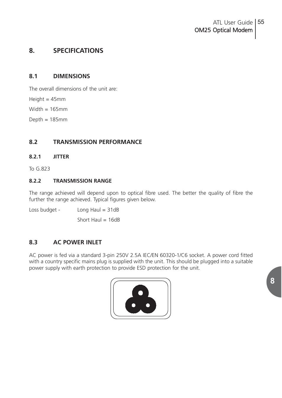 Specifications, 1 dimensions, 2 transmission performance | 1 jitter, 2 transmission range, 3 ac power inlet, Dimensions, Transmission performance, Jitter, Transmission range | ATL Telecom OM25 User Manual | Page 55 / 63
