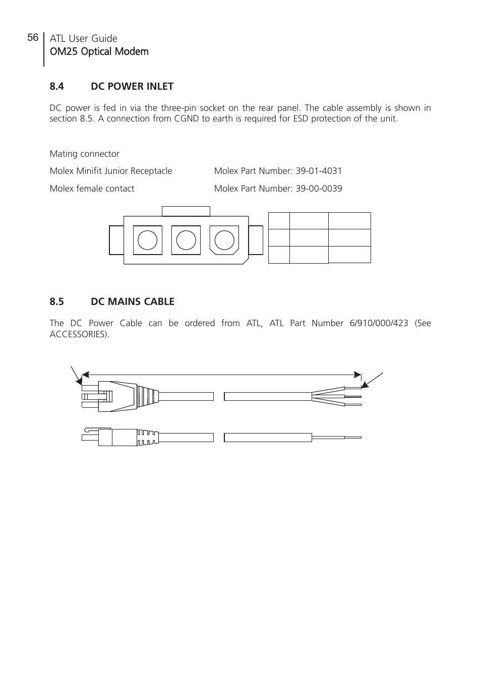 4 dc power inlet, 5 dc mains cable, Dc power inlet | Dc mains cable, 3,000mm | ATL Telecom OM25 User Manual | Page 56 / 63