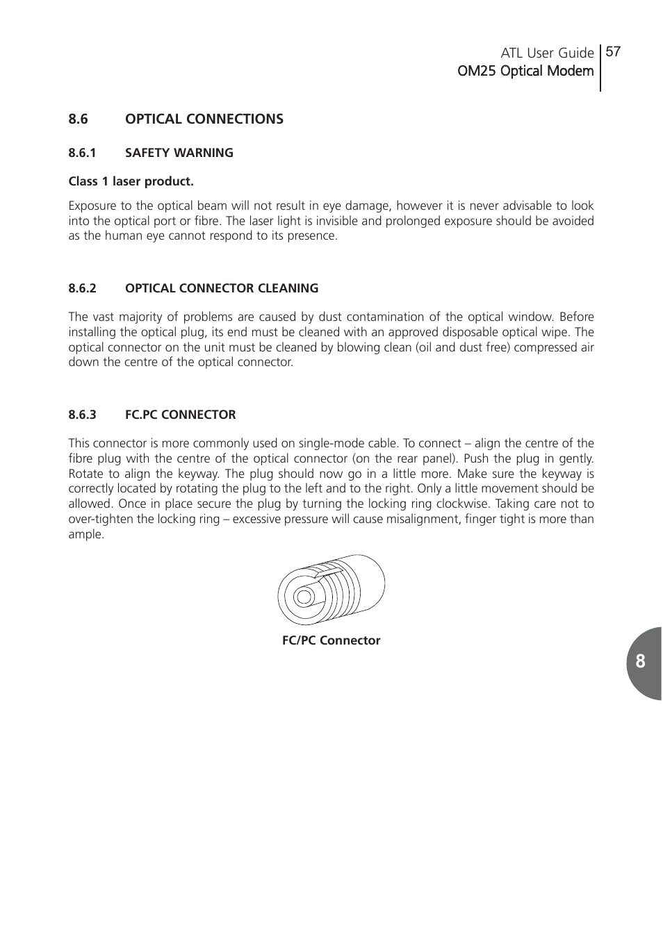 6 optical connections, 1 safety warning, 2 optical connector clea | 3 fc.pc connector, Optical connections, Safety warning, Optical connector cleaning, Fc.pc connector | ATL Telecom OM25 User Manual | Page 57 / 63