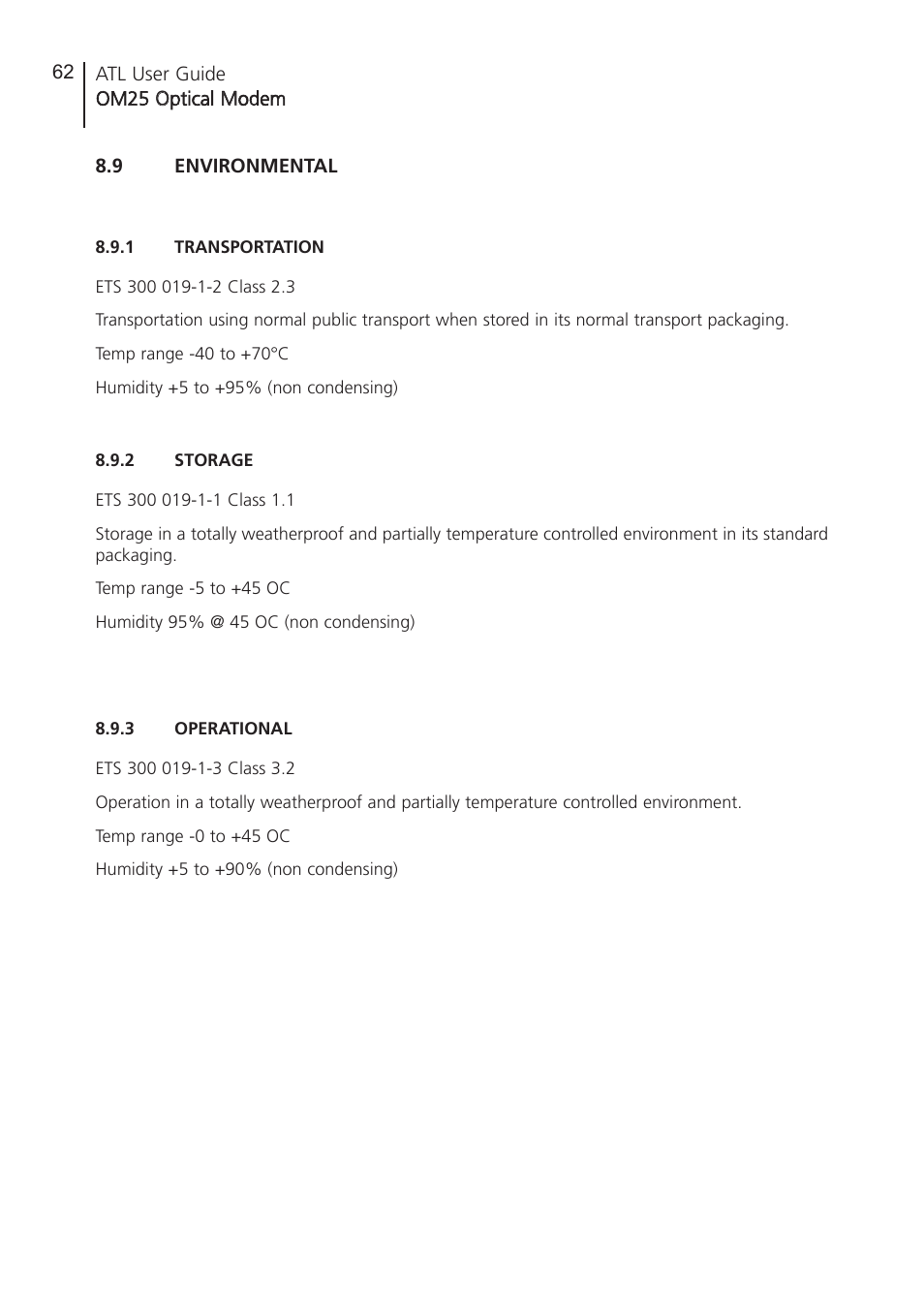 9 environmental, 1 transportation, 2 storage | 3 operational, Environmental, Transportation, Storage, Operational | ATL Telecom OM25 User Manual | Page 62 / 63