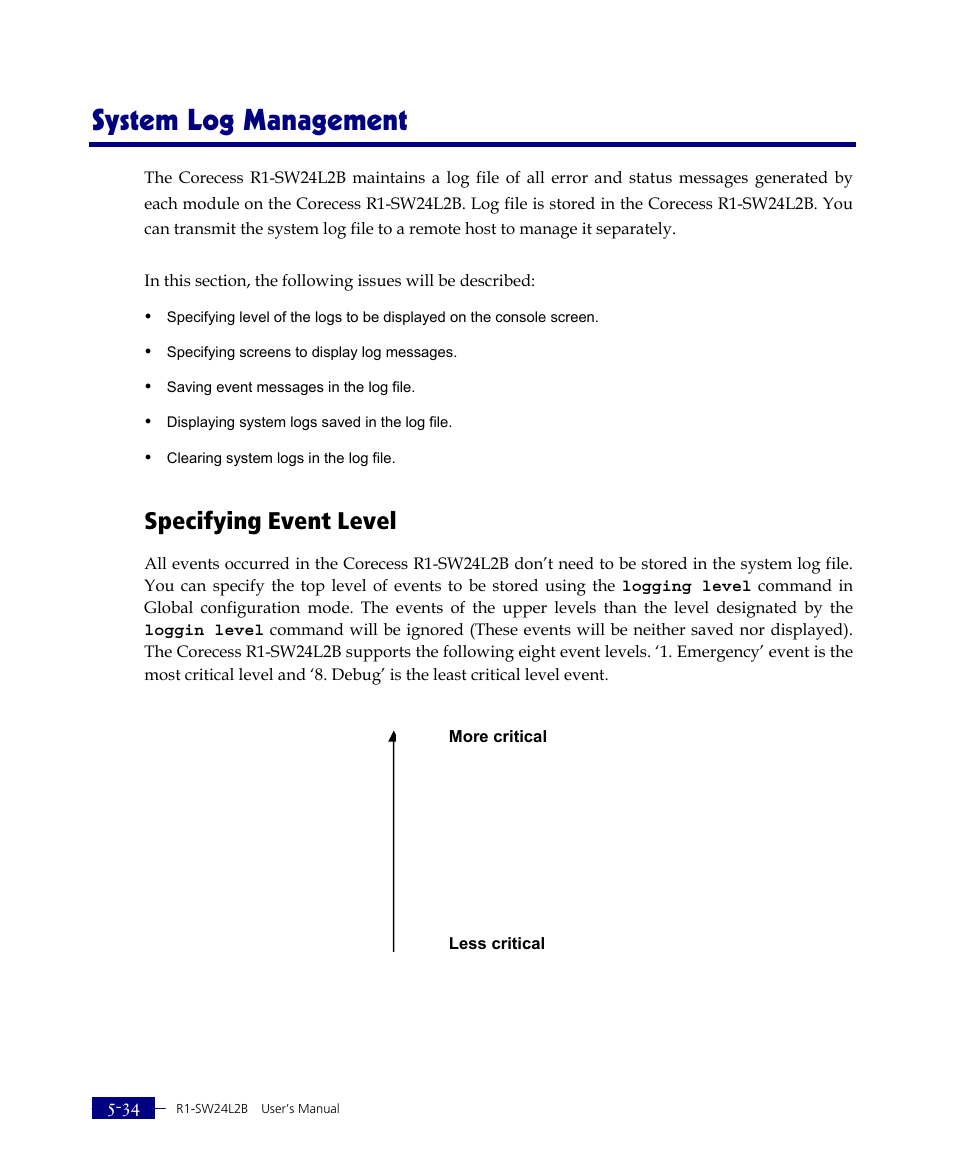 System log management, Specifying event level | ATL Telecom R1-SW Ethernet Switch User Manual | Page 102 / 300