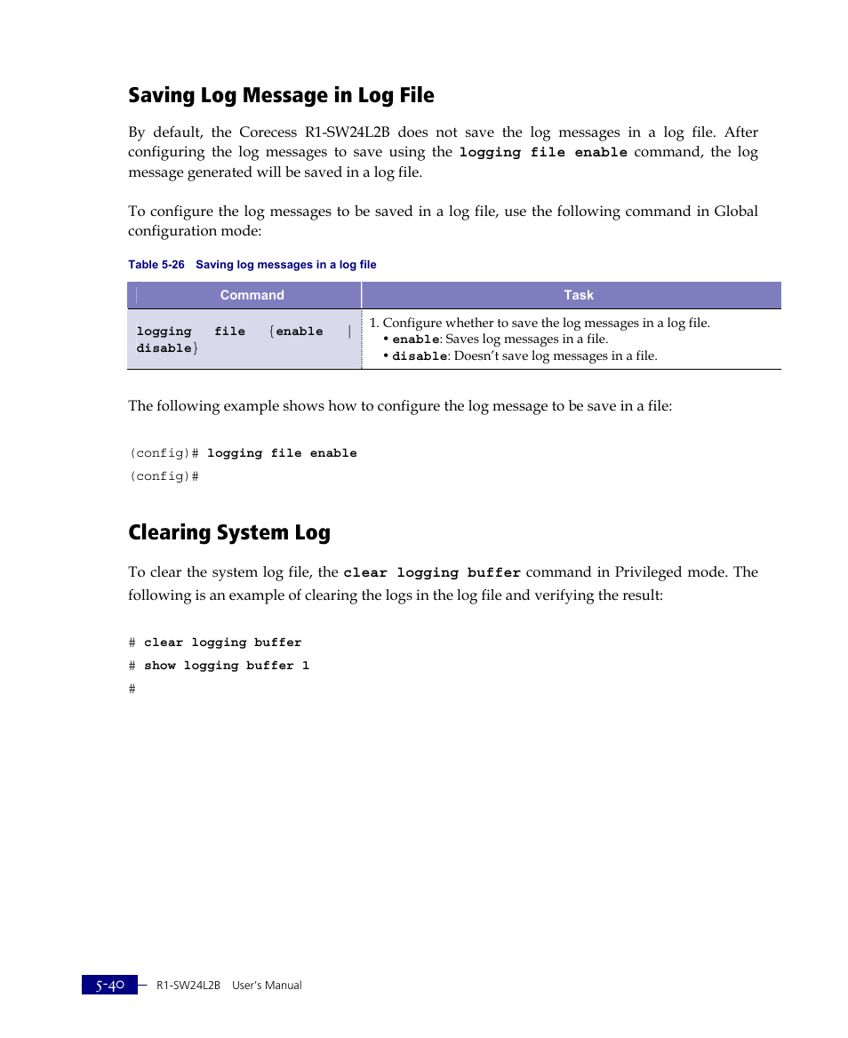 Saving log message in log file, Clearing system log | ATL Telecom R1-SW Ethernet Switch User Manual | Page 108 / 300