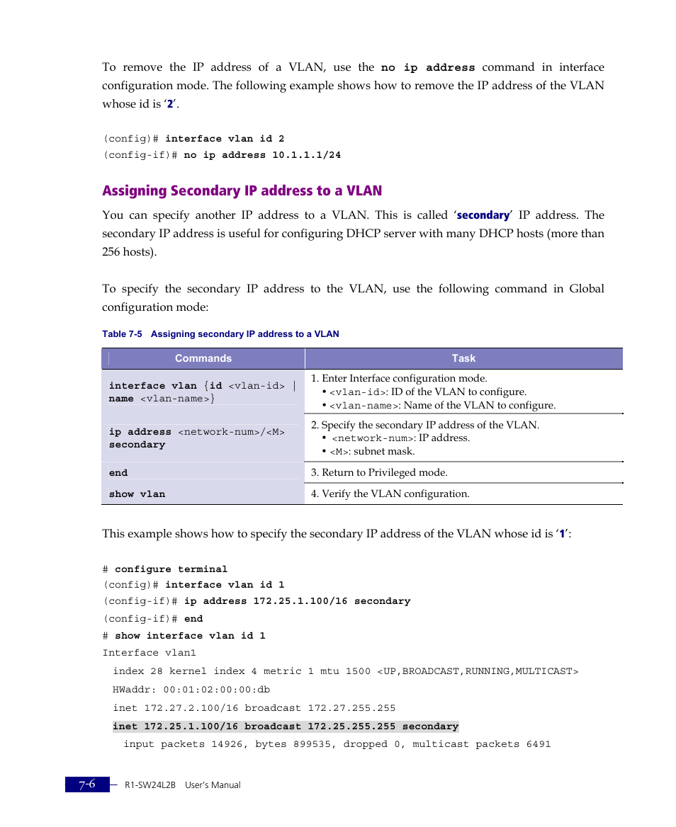 Assigning secondary ip address to a vlan | ATL Telecom R1-SW Ethernet Switch User Manual | Page 130 / 300