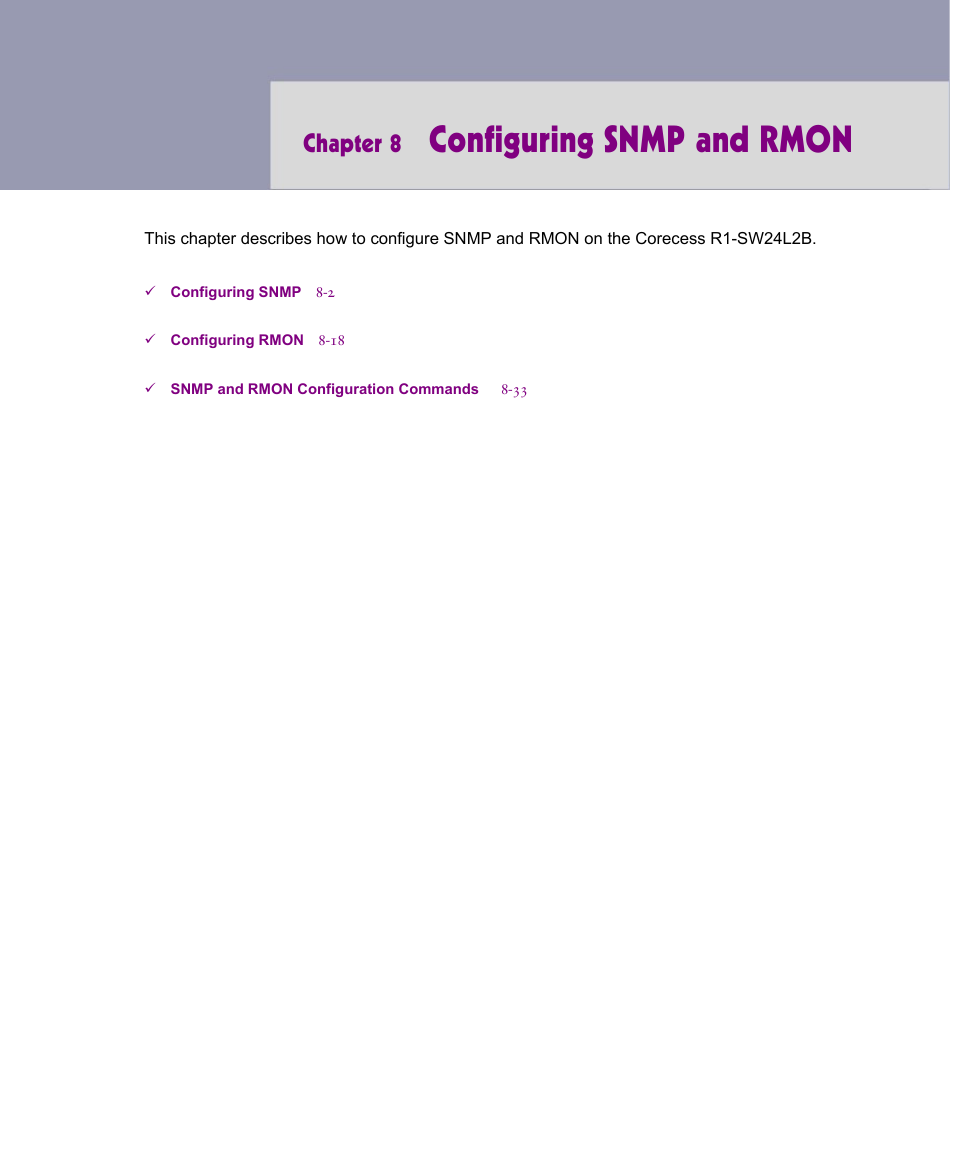 Configuring snmp and rmon, Chapter 8 | ATL Telecom R1-SW Ethernet Switch User Manual | Page 135 / 300
