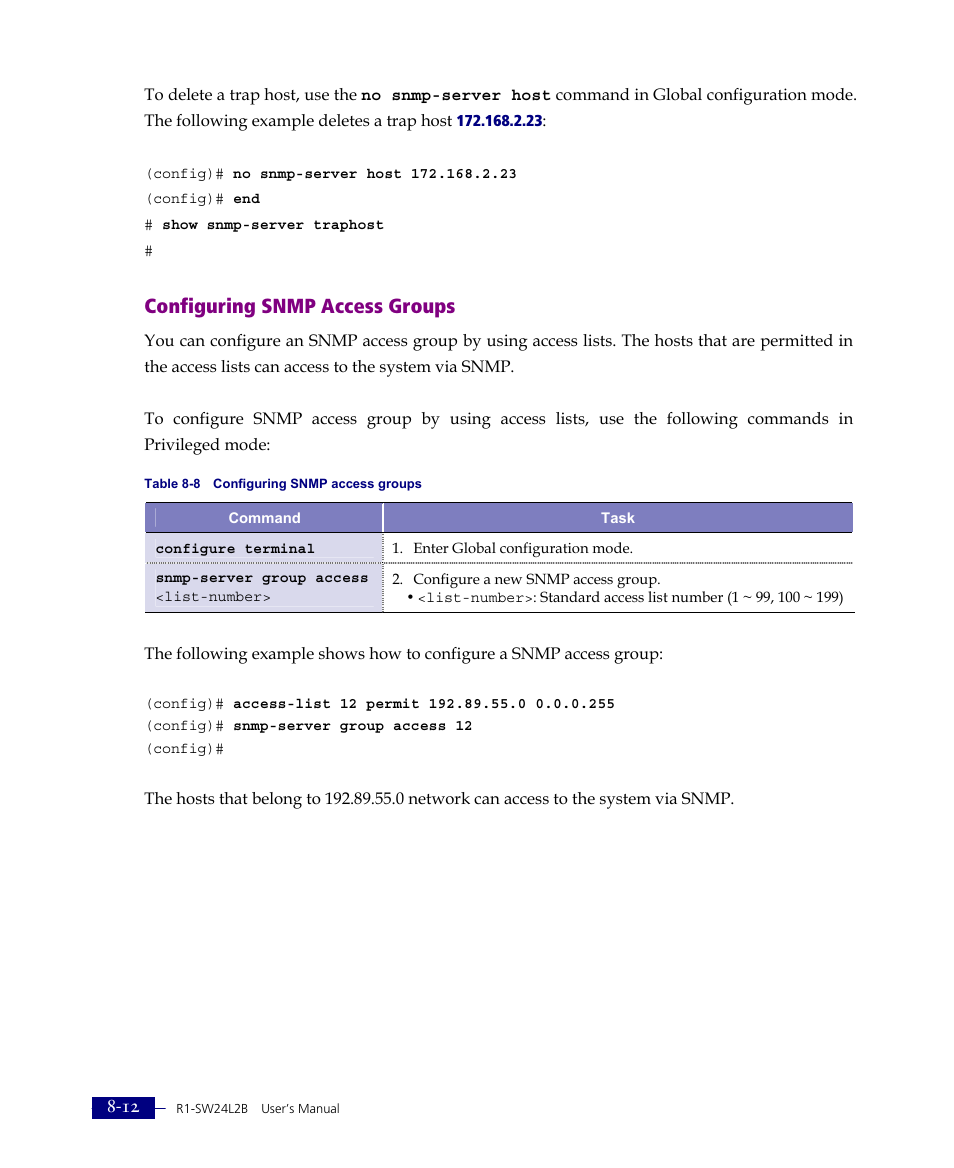 Configuring snmp access groups | ATL Telecom R1-SW Ethernet Switch User Manual | Page 146 / 300