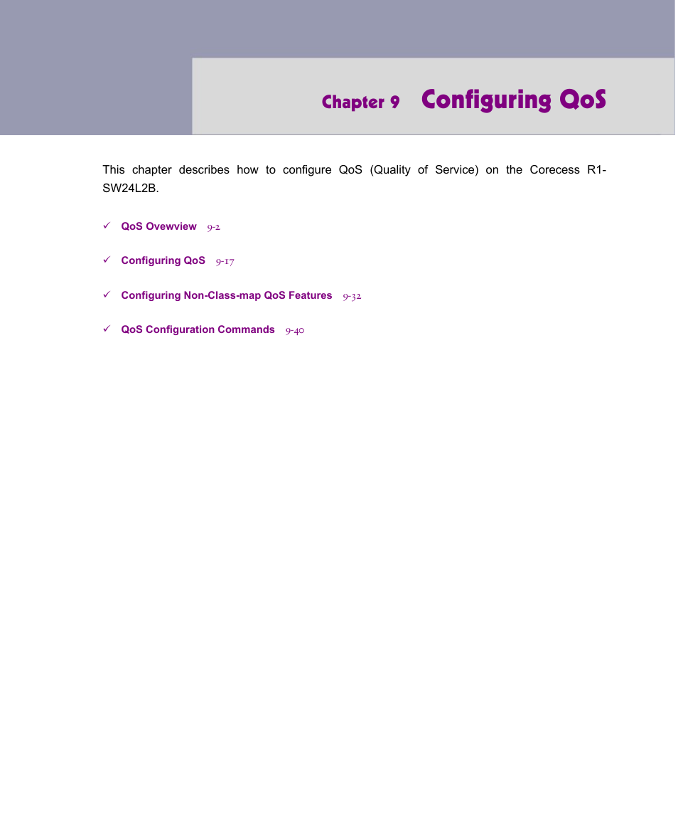 Configuring qos, Chapter 9 | ATL Telecom R1-SW Ethernet Switch User Manual | Page 169 / 300
