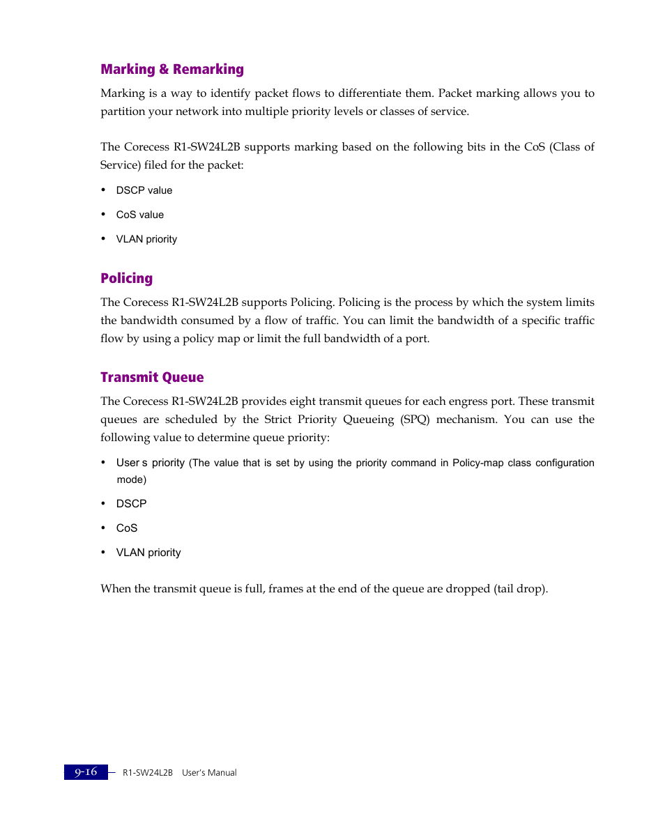 Marking & remarking, Policing, Transmit queue | ATL Telecom R1-SW Ethernet Switch User Manual | Page 184 / 300