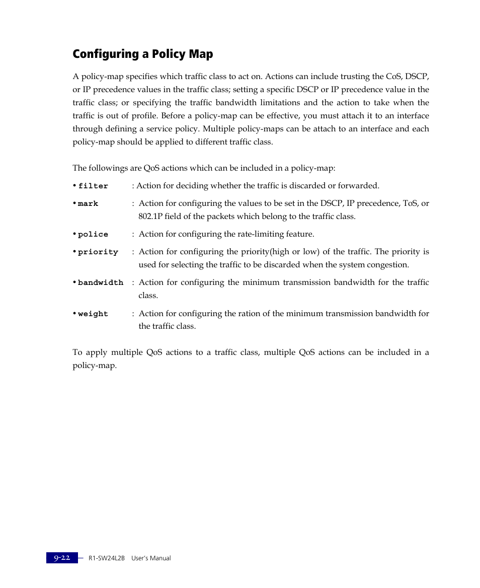Configuring a policy map | ATL Telecom R1-SW Ethernet Switch User Manual | Page 190 / 300