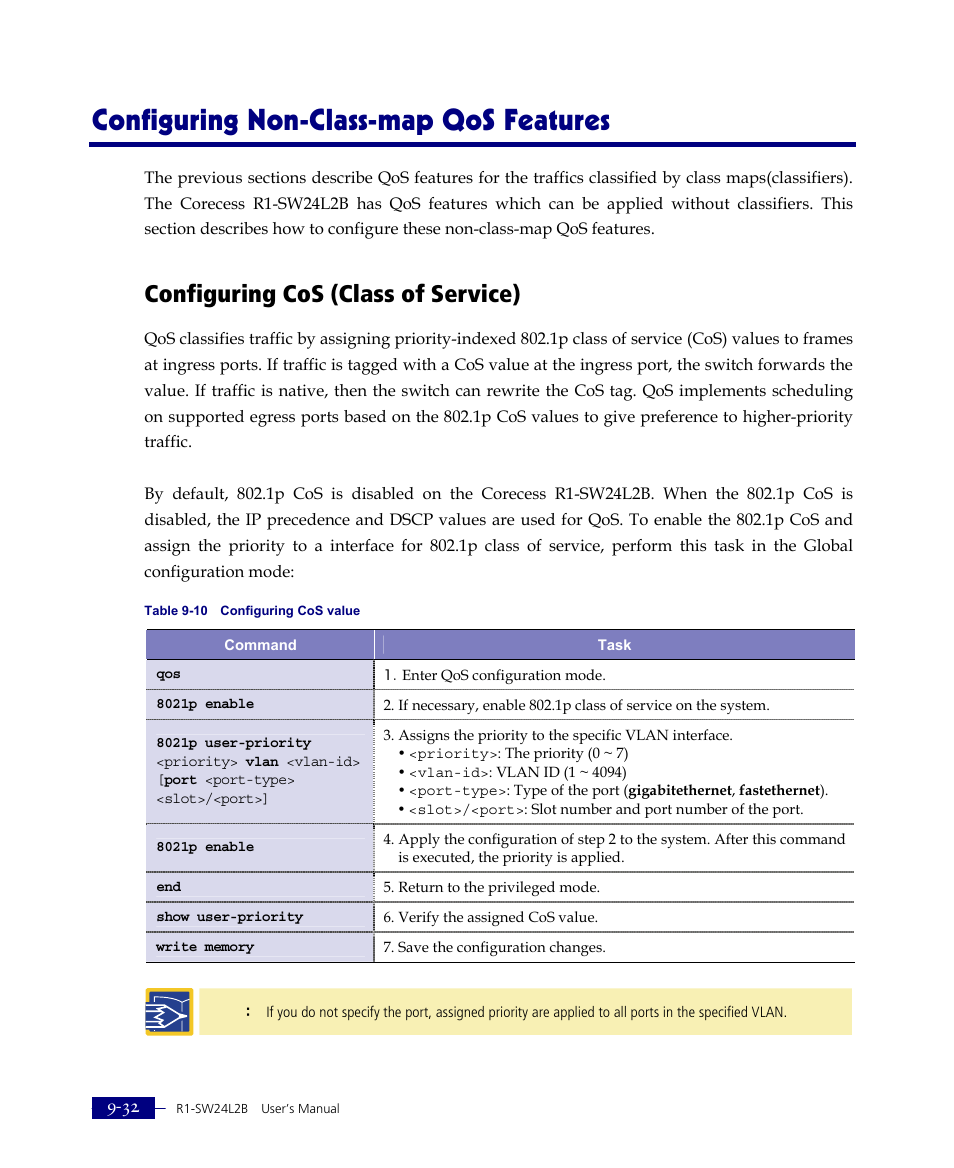 Configuring non-class-map qos features, Configuring cos (class of service) | ATL Telecom R1-SW Ethernet Switch User Manual | Page 200 / 300