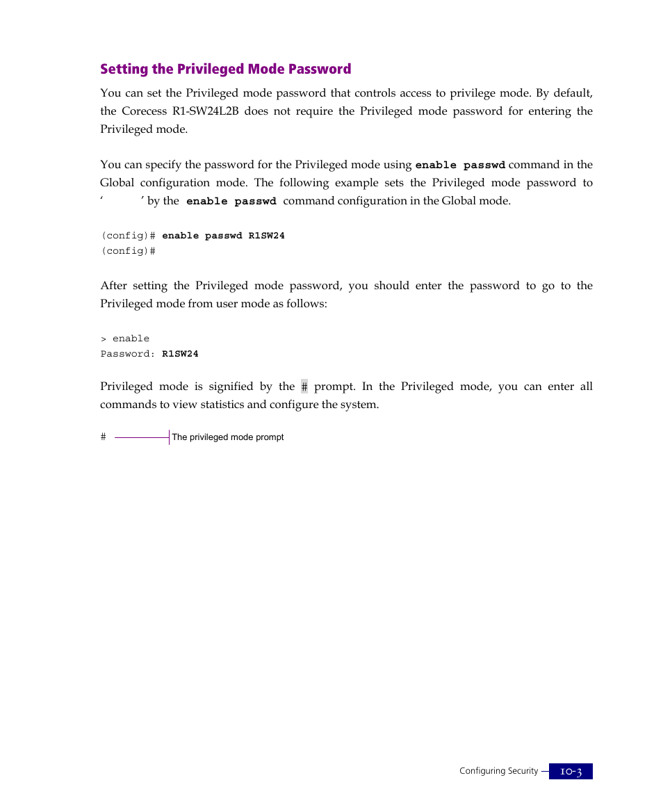 Setting the privileged mode password | ATL Telecom R1-SW Ethernet Switch User Manual | Page 213 / 300