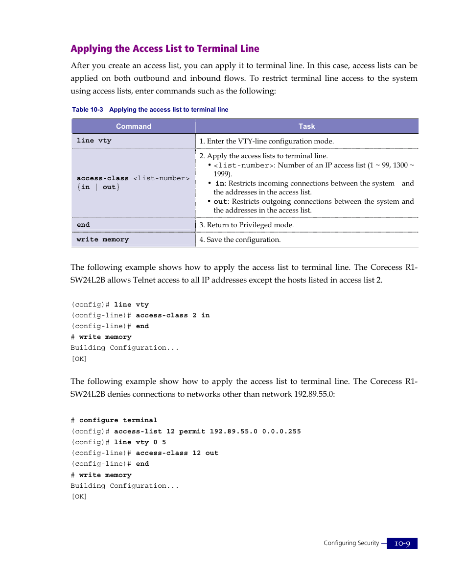 Applying the access list to terminal line | ATL Telecom R1-SW Ethernet Switch User Manual | Page 219 / 300