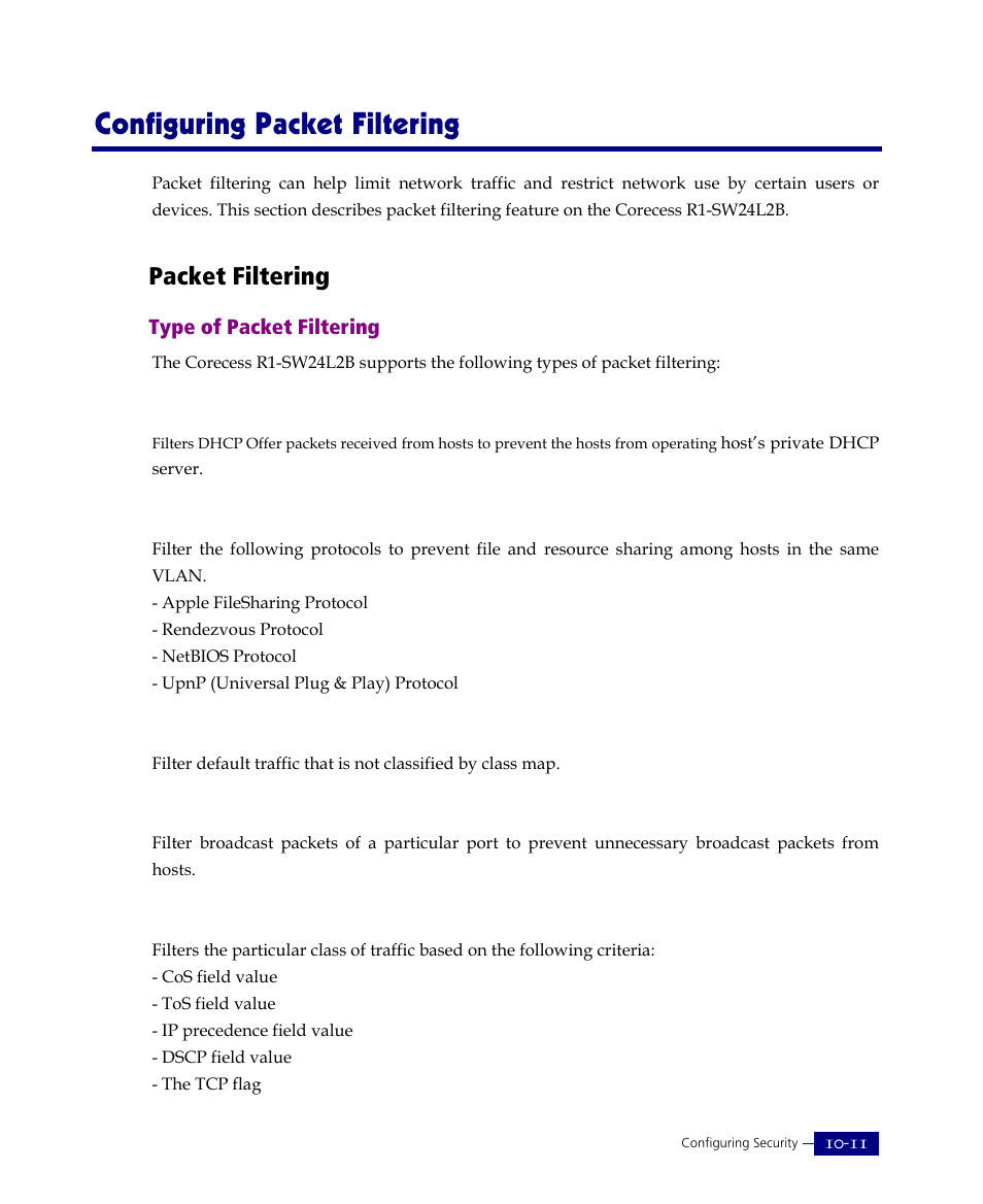 Configuring packet filtering, Packet filtering | ATL Telecom R1-SW Ethernet Switch User Manual | Page 221 / 300