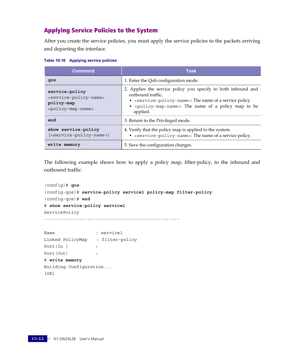 Applying service policies to the system | ATL Telecom R1-SW Ethernet Switch User Manual | Page 232 / 300