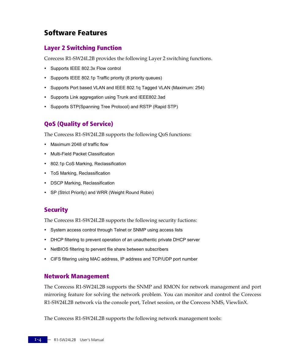 Software features, Layer 2 switching function, Qos (quality of service) | Security, Network management | ATL Telecom R1-SW Ethernet Switch User Manual | Page 24 / 300