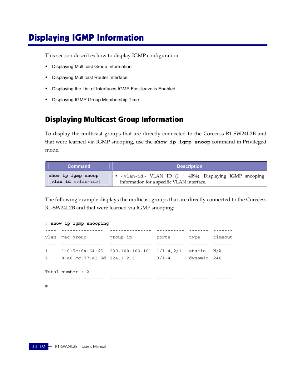 Displaying igmp information, Displaying multicast group information | ATL Telecom R1-SW Ethernet Switch User Manual | Page 244 / 300