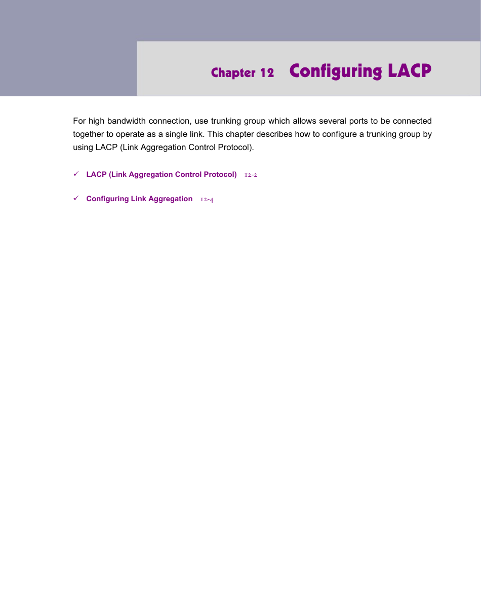 Configuring lacp, Chapter 12 | ATL Telecom R1-SW Ethernet Switch User Manual | Page 249 / 300