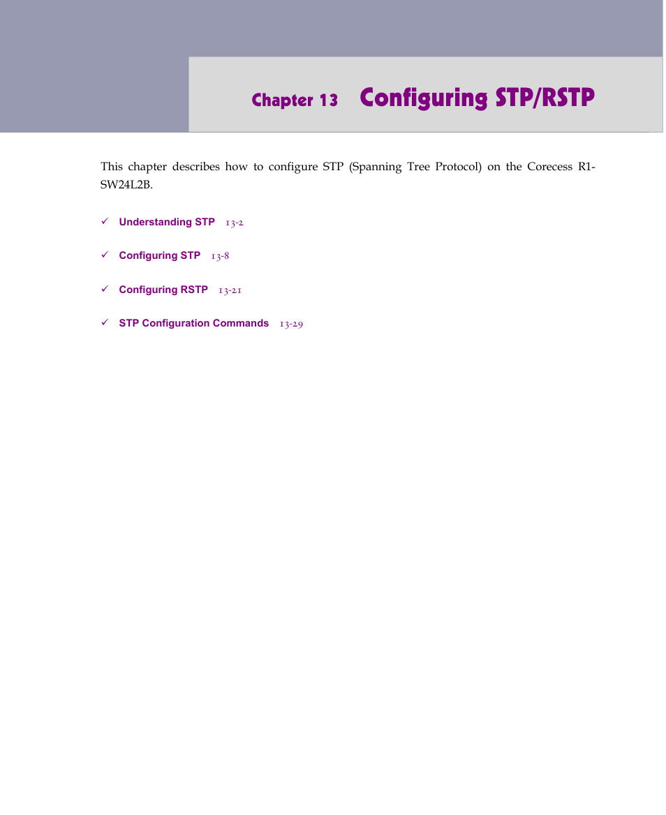 Configuring stp/rstp, Chapter 13 | ATL Telecom R1-SW Ethernet Switch User Manual | Page 259 / 300