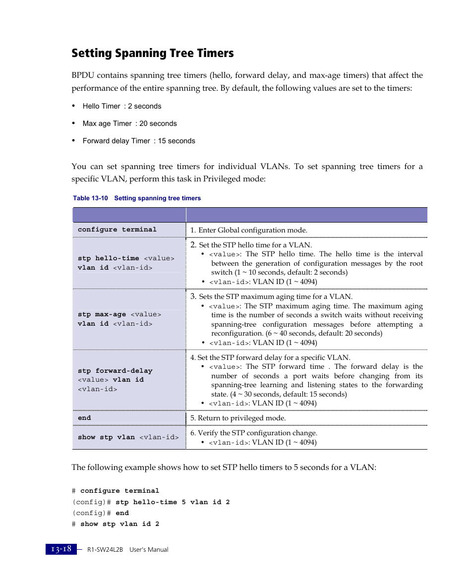 Setting spanning tree timers | ATL Telecom R1-SW Ethernet Switch User Manual | Page 276 / 300