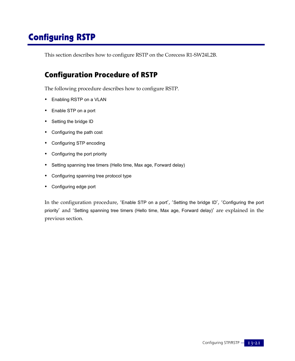Configuring rstp, Configuration procedure of rstp | ATL Telecom R1-SW Ethernet Switch User Manual | Page 279 / 300
