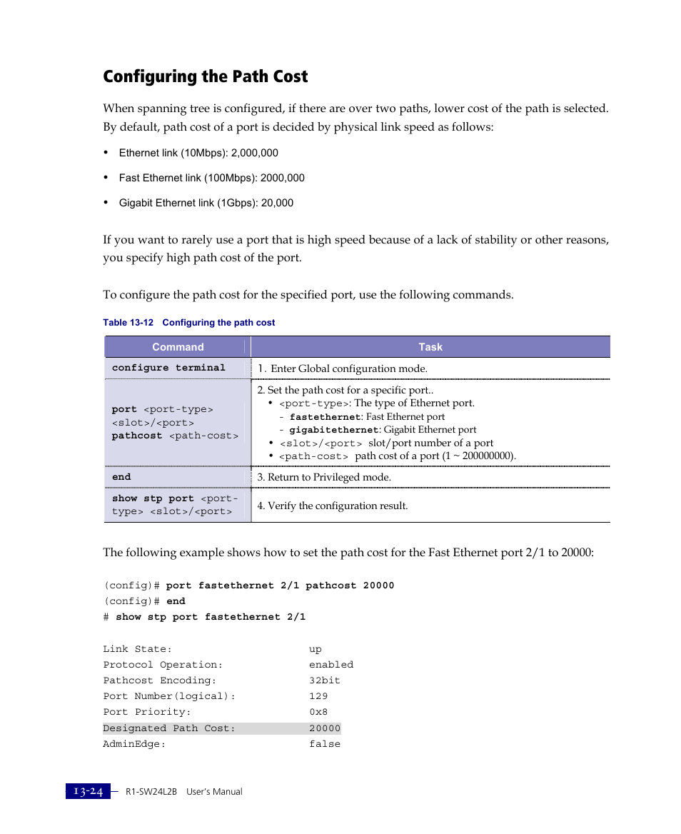Configuring the path cost | ATL Telecom R1-SW Ethernet Switch User Manual | Page 282 / 300