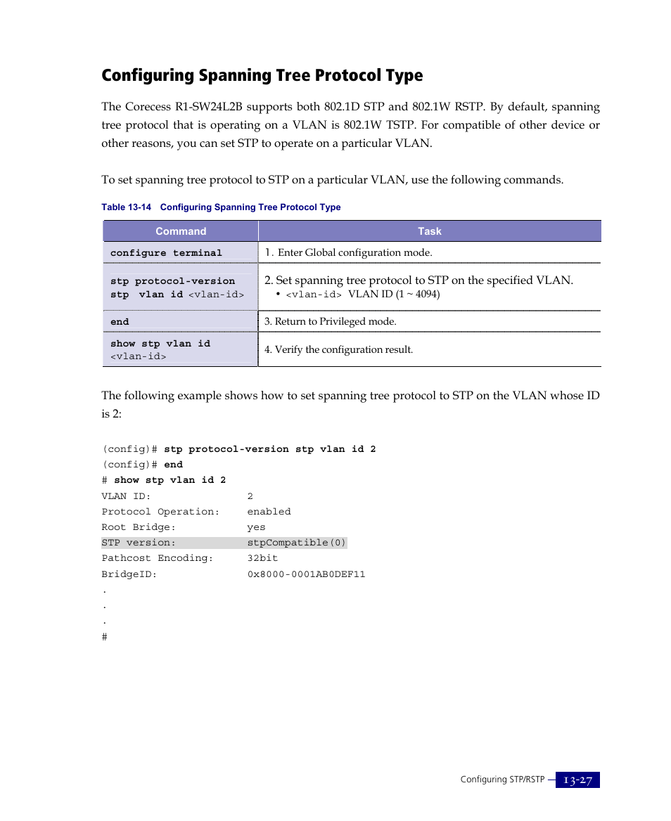 Configuring spanning tree protocol type | ATL Telecom R1-SW Ethernet Switch User Manual | Page 285 / 300