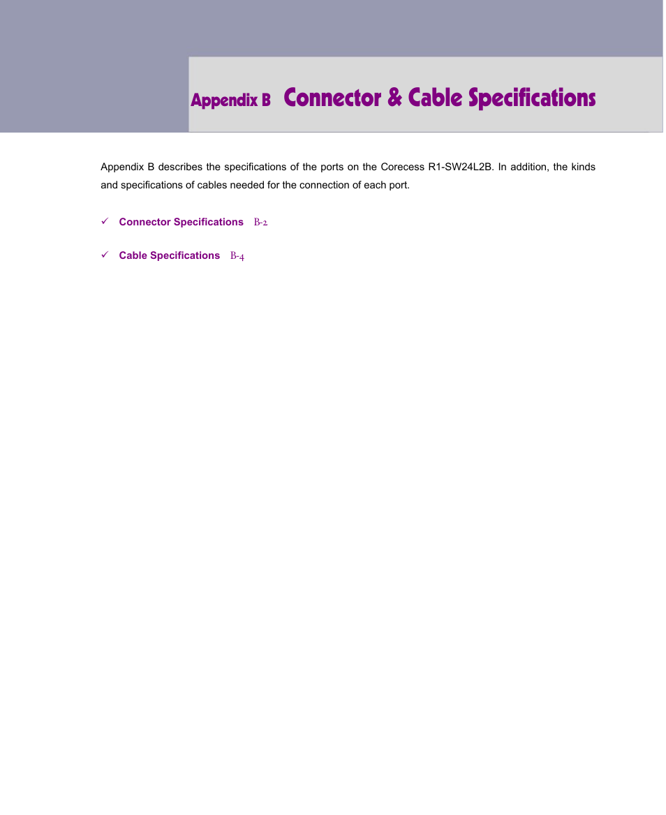 Connector & cable specifications, Appendix b | ATL Telecom R1-SW Ethernet Switch User Manual | Page 293 / 300