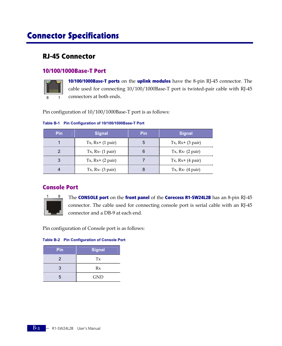 Connector specifications, Rj-45 connector, Console port | ATL Telecom R1-SW Ethernet Switch User Manual | Page 294 / 300