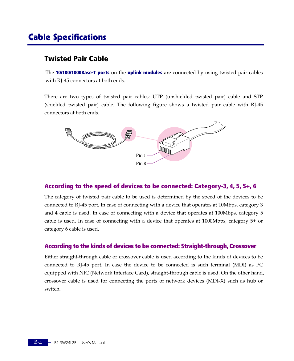 Cable specifications, Twisted pair cable | ATL Telecom R1-SW Ethernet Switch User Manual | Page 296 / 300