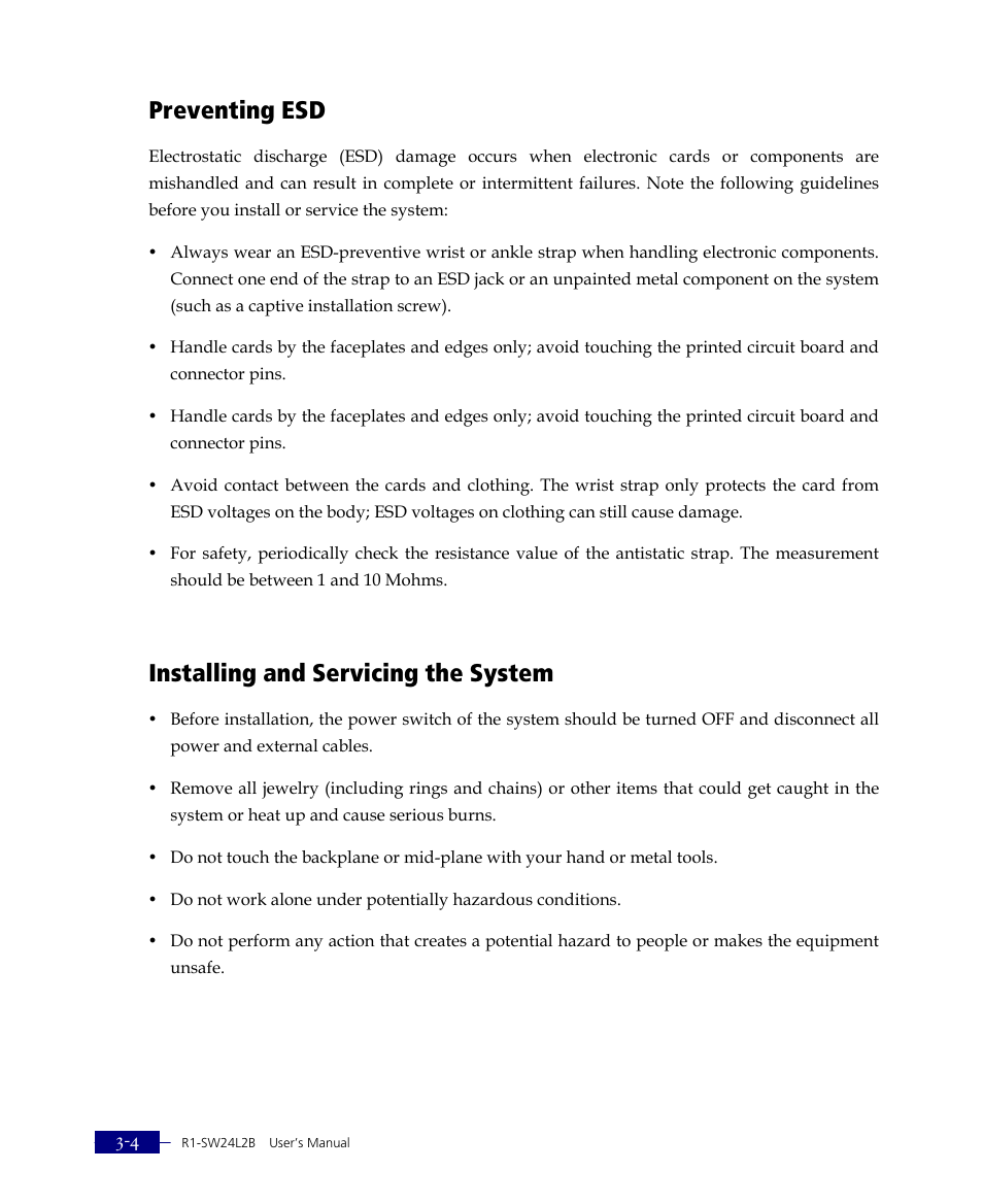 Preventing esd, Installing and servicing the system | ATL Telecom R1-SW Ethernet Switch User Manual | Page 46 / 300