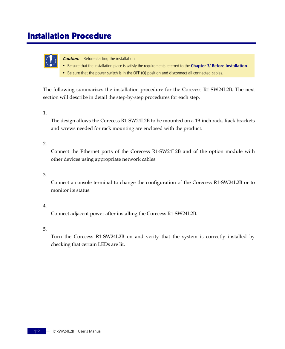 Installation procedure | ATL Telecom R1-SW Ethernet Switch User Manual | Page 54 / 300