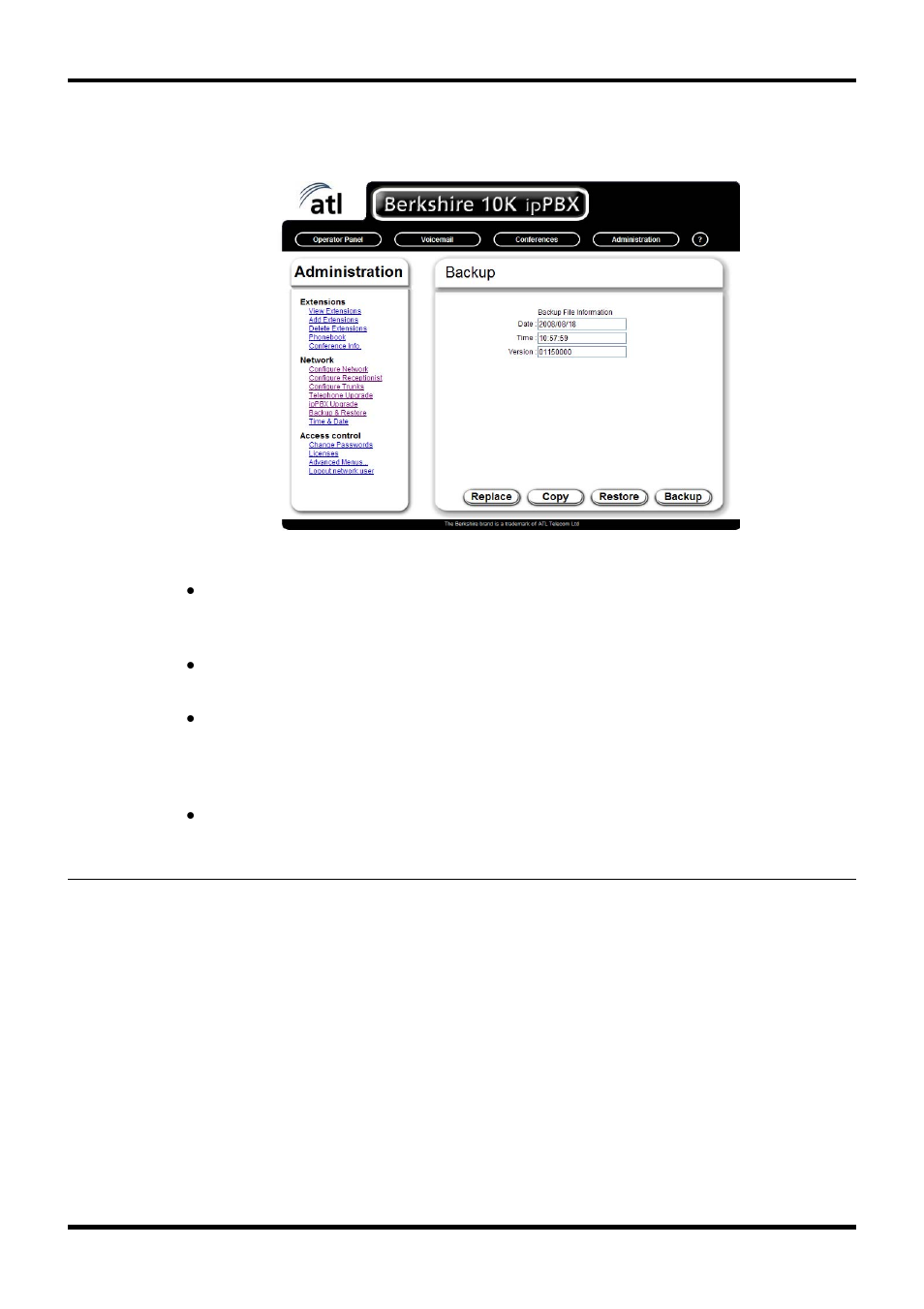 Backup & restore | ATL Telecom Berkshire 10k User Manual | Page 33 / 42