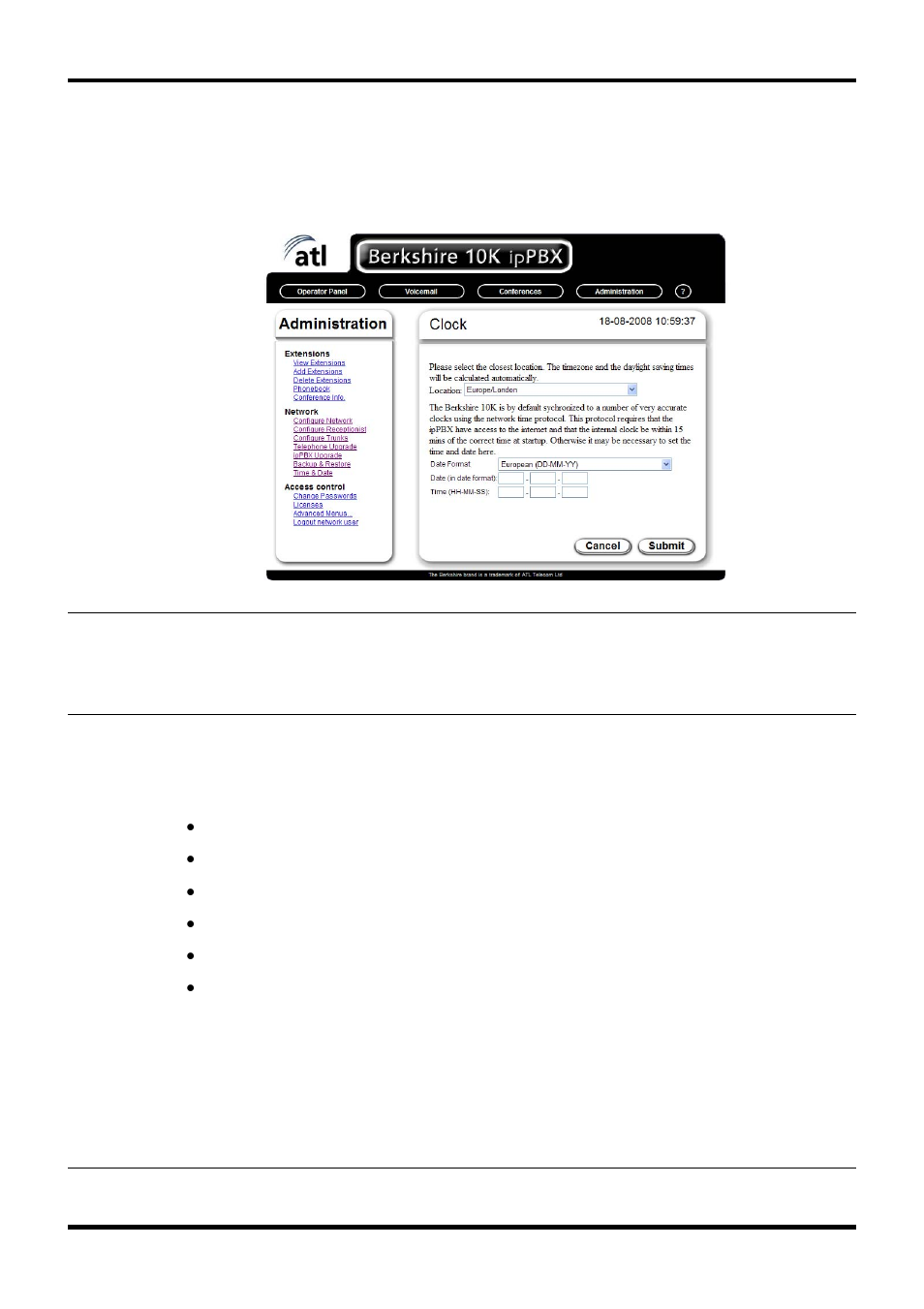 Time & date, Advanced, Access control | ATL Telecom Berkshire 10k User Manual | Page 34 / 42