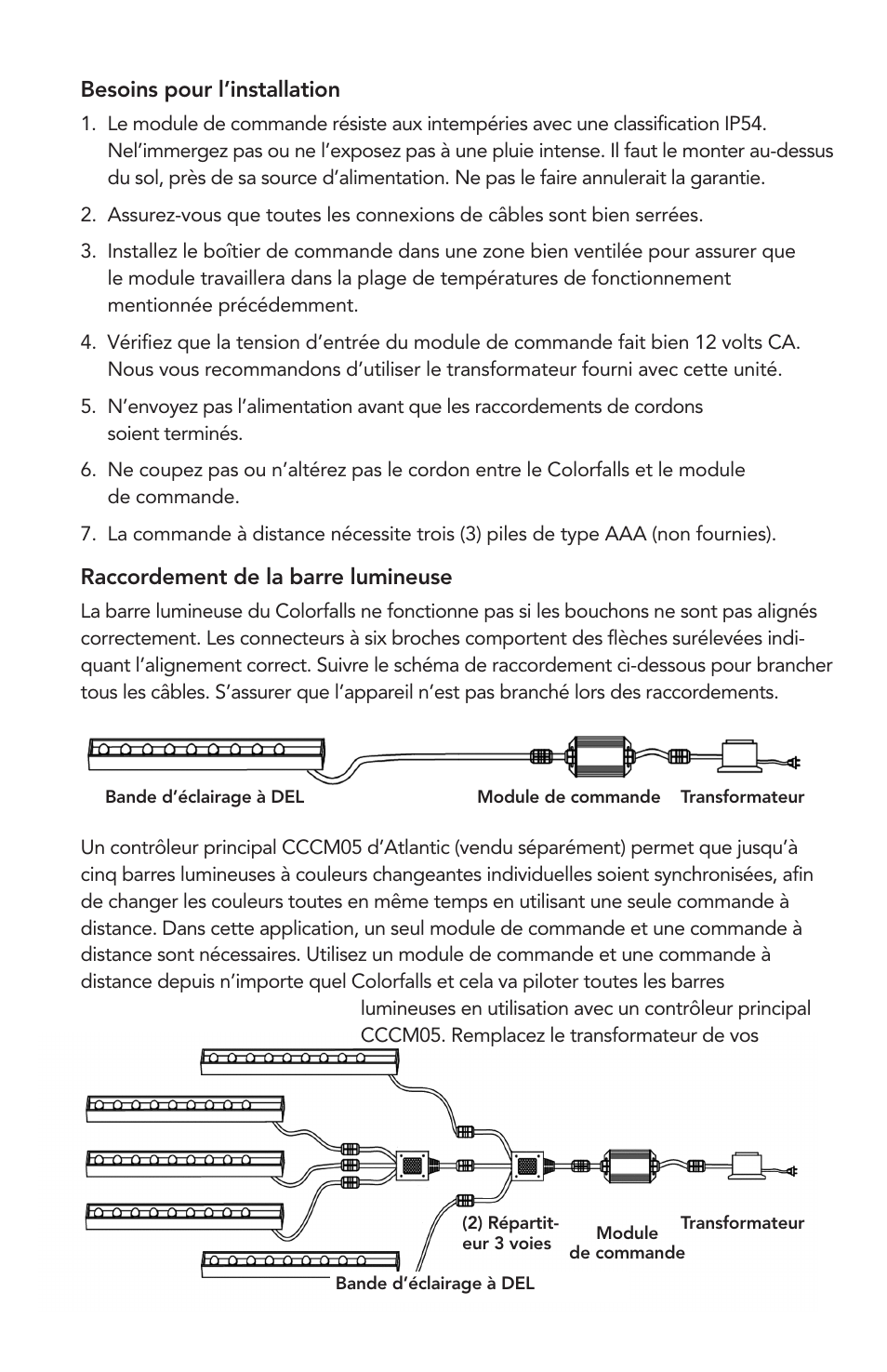 Besoins pour l’installation, Raccordement de la barre lumineuse | Atlantic Water Gardens 6 Color Changing Colorfalls User Manual | Page 12 / 24